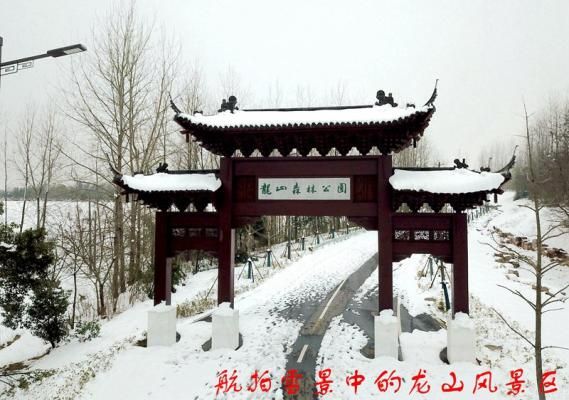 航拍雪景下的仪征龙山森林公园